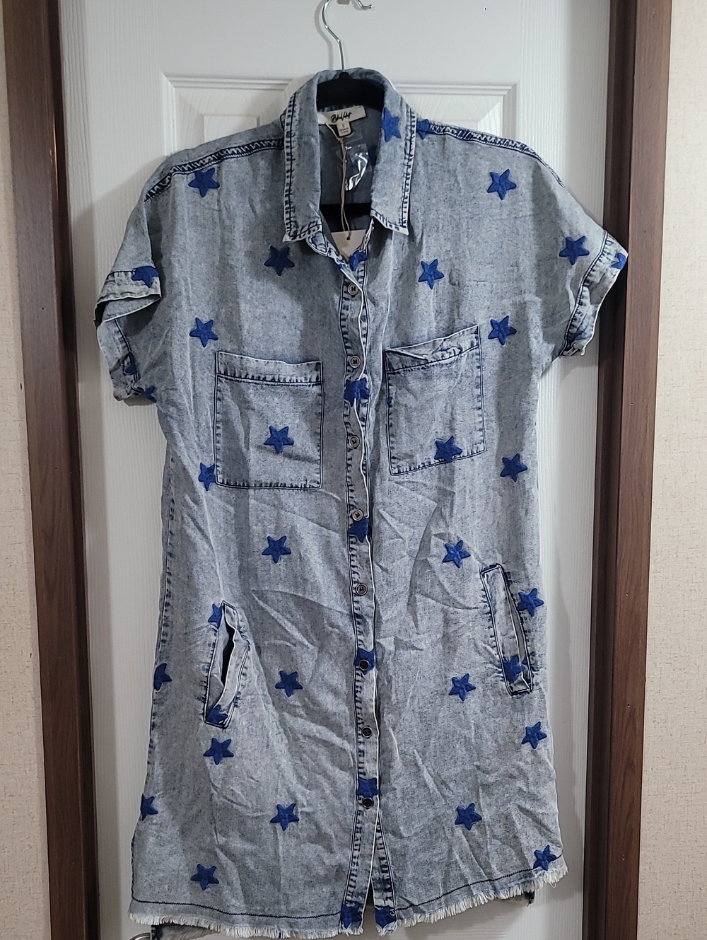 Blue Velvet Star-Embroidered Denim Shirt Dress - Blue Stars